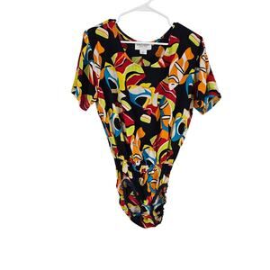 Vintage y2k Emanuel Ungaro Silk Bodysuit Multicolor Abstract Short Sleeve Size S